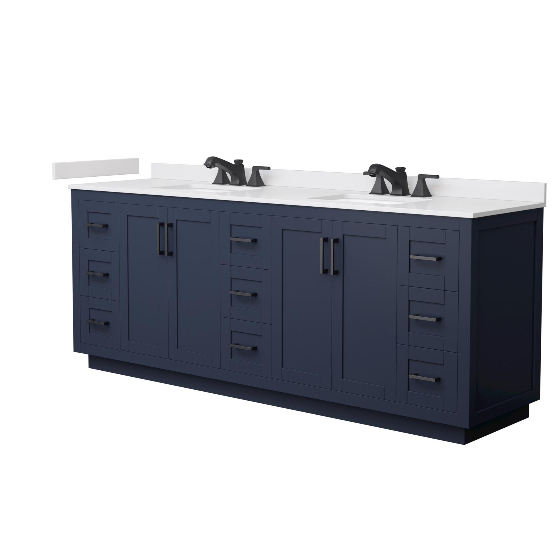 Wyndham Collection Miranda 84" Double Bathroom Vanity in Dark Blue, White Cultured Marble Countertop, Undermount Square Sinks (3-Hole), Matte Black Trim