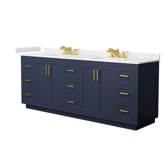 Wyndham Collection Miranda 84" Double Bathroom Vanity in Dark Blue, Carrara Cultured Marble Countertop, Undermount Square Sinks (3-Hole), Brushed Gold Trim