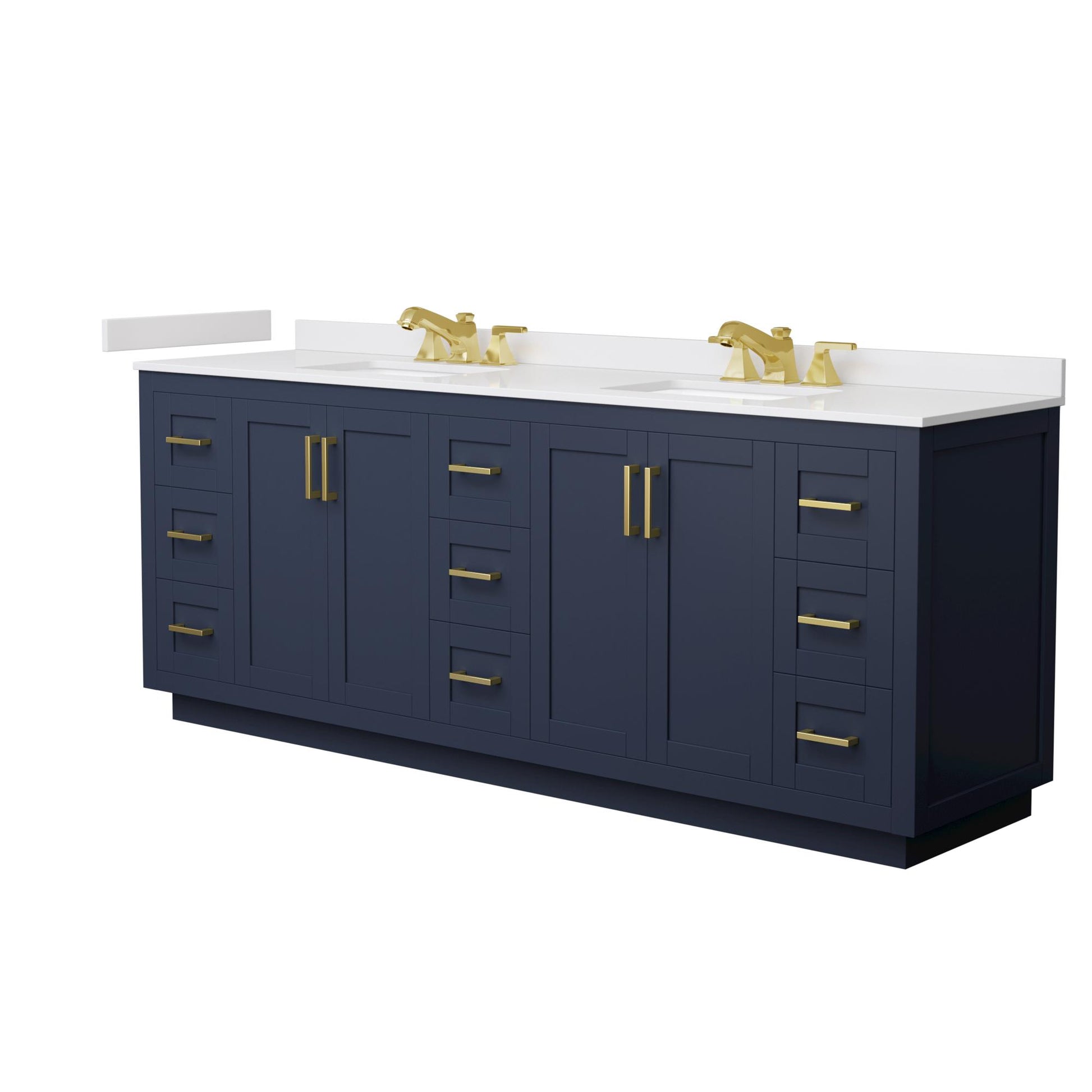Wyndham Collection Miranda 84" Double Bathroom Vanity in Dark Blue, White Cultured Marble Countertop, Undermount Square Sinks (3-Hole), Brushed Gold Trim
