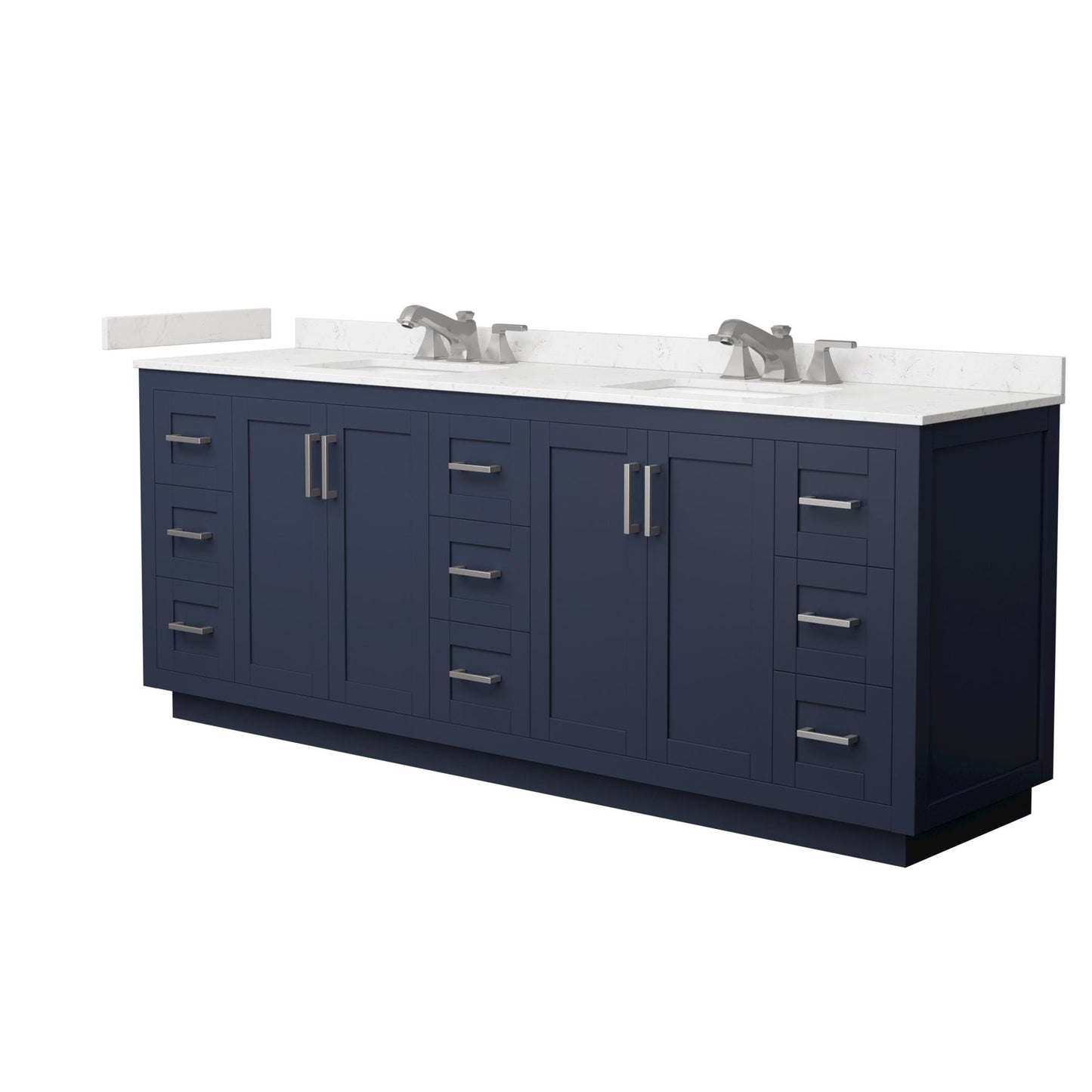 Wyndham Collection Miranda 84" Double Bathroom Vanity in Dark Blue, Carrara Cultured Marble Countertop, Undermount Square Sinks (3-Hole), Brushed Nickel Trim