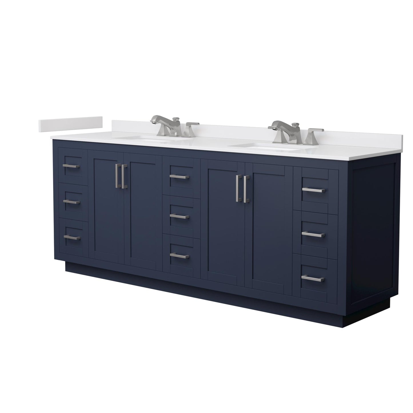 Wyndham Collection Miranda 84" Double Bathroom Vanity in Dark Blue, White Cultured Marble Countertop, Undermount Square Sinks (3-Hole), Brushed Nickel Trim