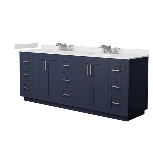 Wyndham Collection Miranda 84" Double Bathroom Vanity in Dark Blue, White Cultured Marble Countertop, Undermount Square Sinks (3-Hole), Brushed Nickel Trim
