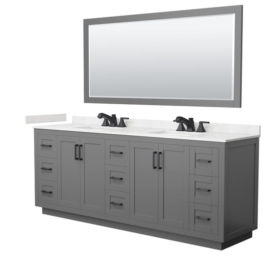 Wyndham Collection Miranda 84" Double Bathroom Vanity in Dark Gray, Carrara Cultured Marble Countertop, Undermount Square Sinks (3-Hole), Matte Black Trim and 70" Mirror