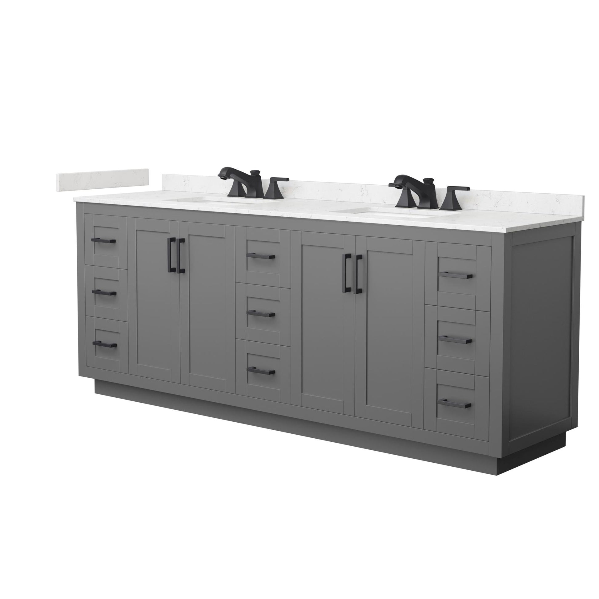 Wyndham Collection Miranda 84" Double Bathroom Vanity in Dark Gray, Carrara Cultured Marble Countertop, Undermount Square Sinks (3-Hole), Matte Black Trim