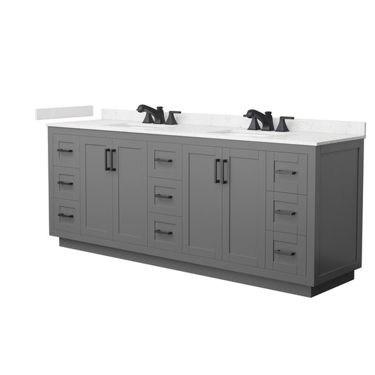 Wyndham Collection Miranda 84" Double Bathroom Vanity in Dark Gray, Carrara Cultured Marble Countertop, Undermount Square Sinks (3-Hole), Matte Black Trim