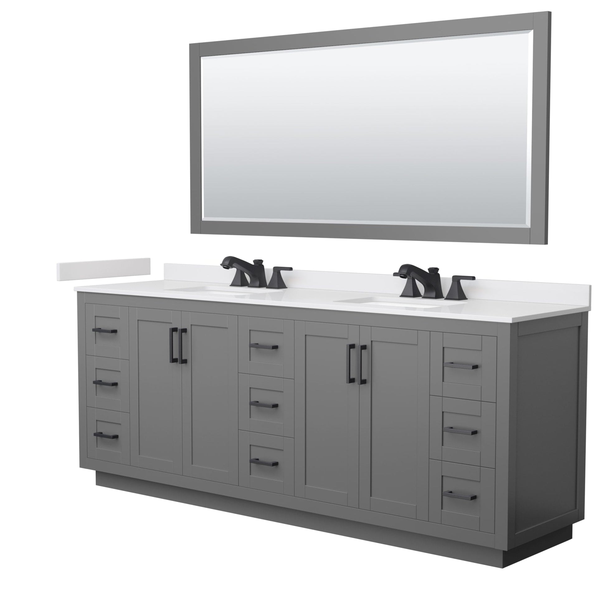 Wyndham Collection Miranda 84" Double Bathroom Vanity in Dark Gray, White Cultured Marble Countertop, Undermount Square Sinks (3-Hole), Matte Black Trim and 70" Mirror