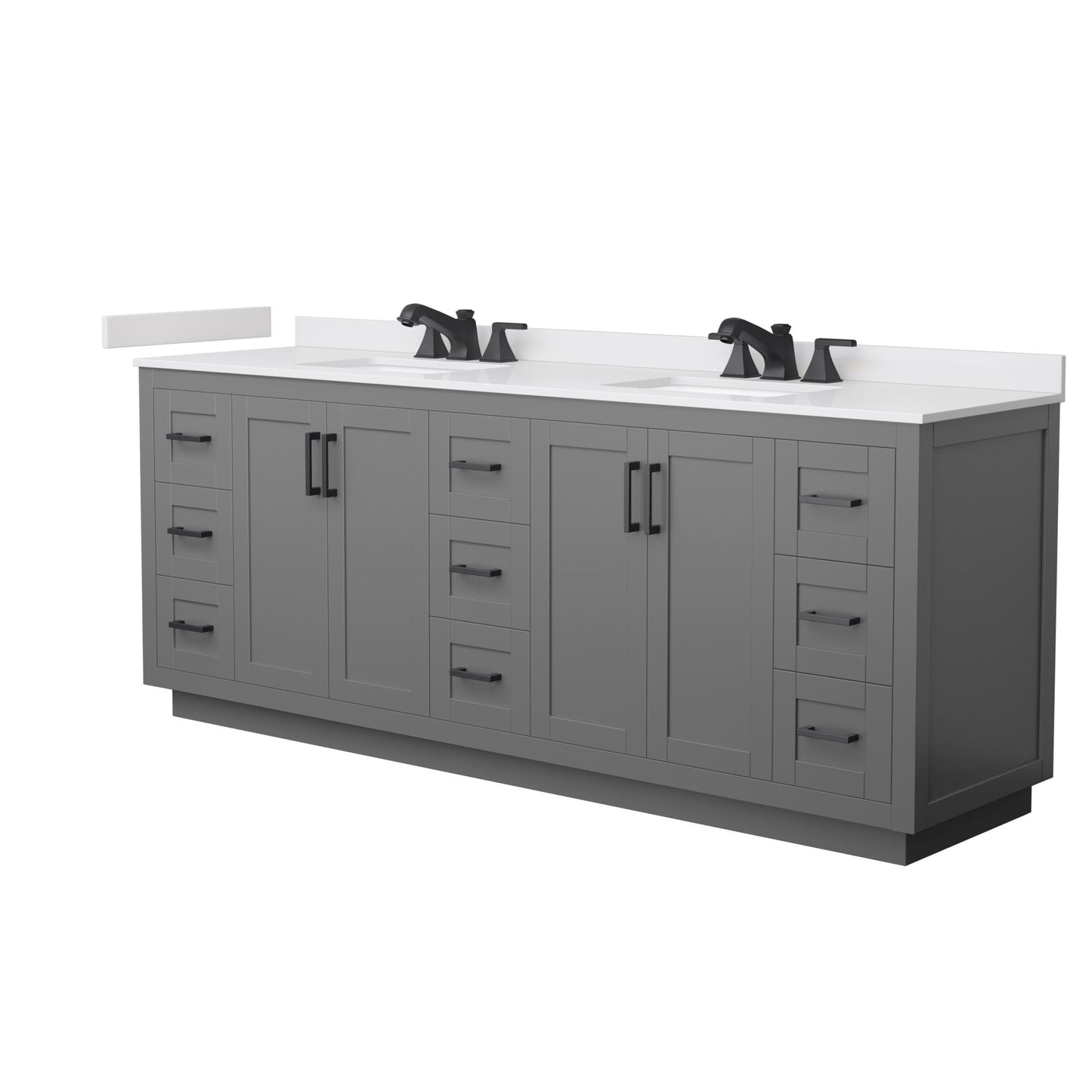 Wyndham Collection Miranda 84" Double Bathroom Vanity in Dark Gray, White Cultured Marble Countertop, Undermount Square Sinks (3-Hole), Matte Black Trim
