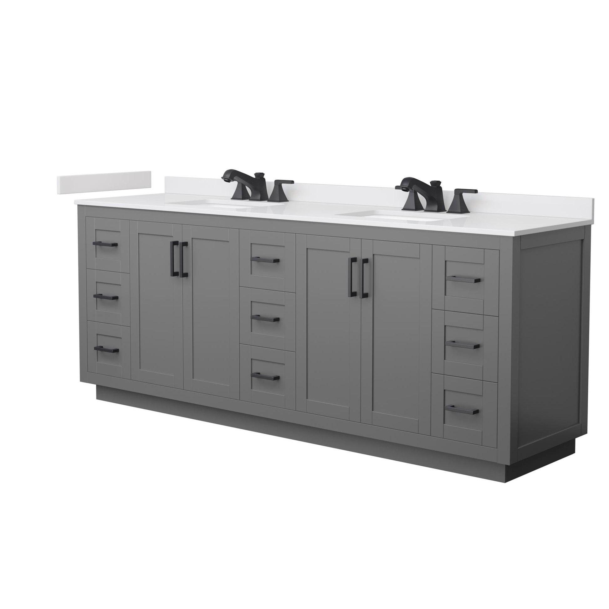 Wyndham Collection Miranda 84" Double Bathroom Vanity in Dark Gray, White Cultured Marble Countertop, Undermount Square Sinks (3-Hole), Matte Black Trim
