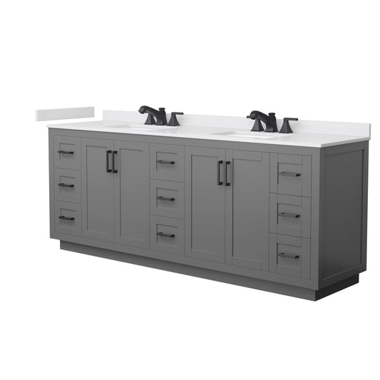 Wyndham Collection Miranda 84" Double Bathroom Vanity in Dark Gray, White Cultured Marble Countertop, Undermount Square Sinks (3-Hole), Matte Black Trim