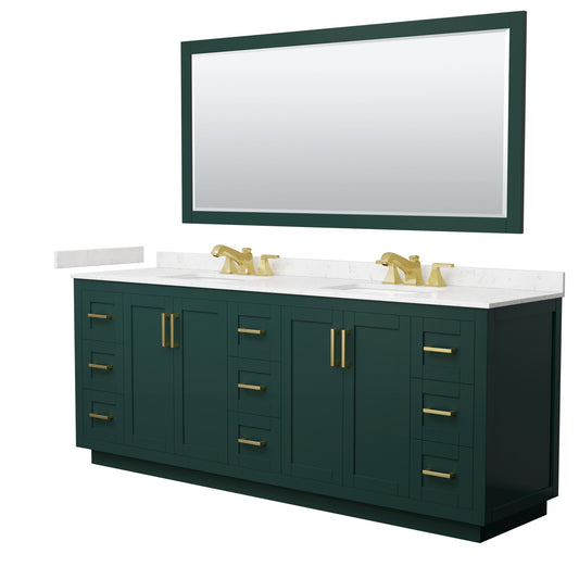 Wyndham Collection Miranda 84" Double Bathroom Vanity in Green, Carrara Cultured Marble Countertop, Undermount Square Sinks (3-Hole), Brushed Gold Trim and 70" Mirror