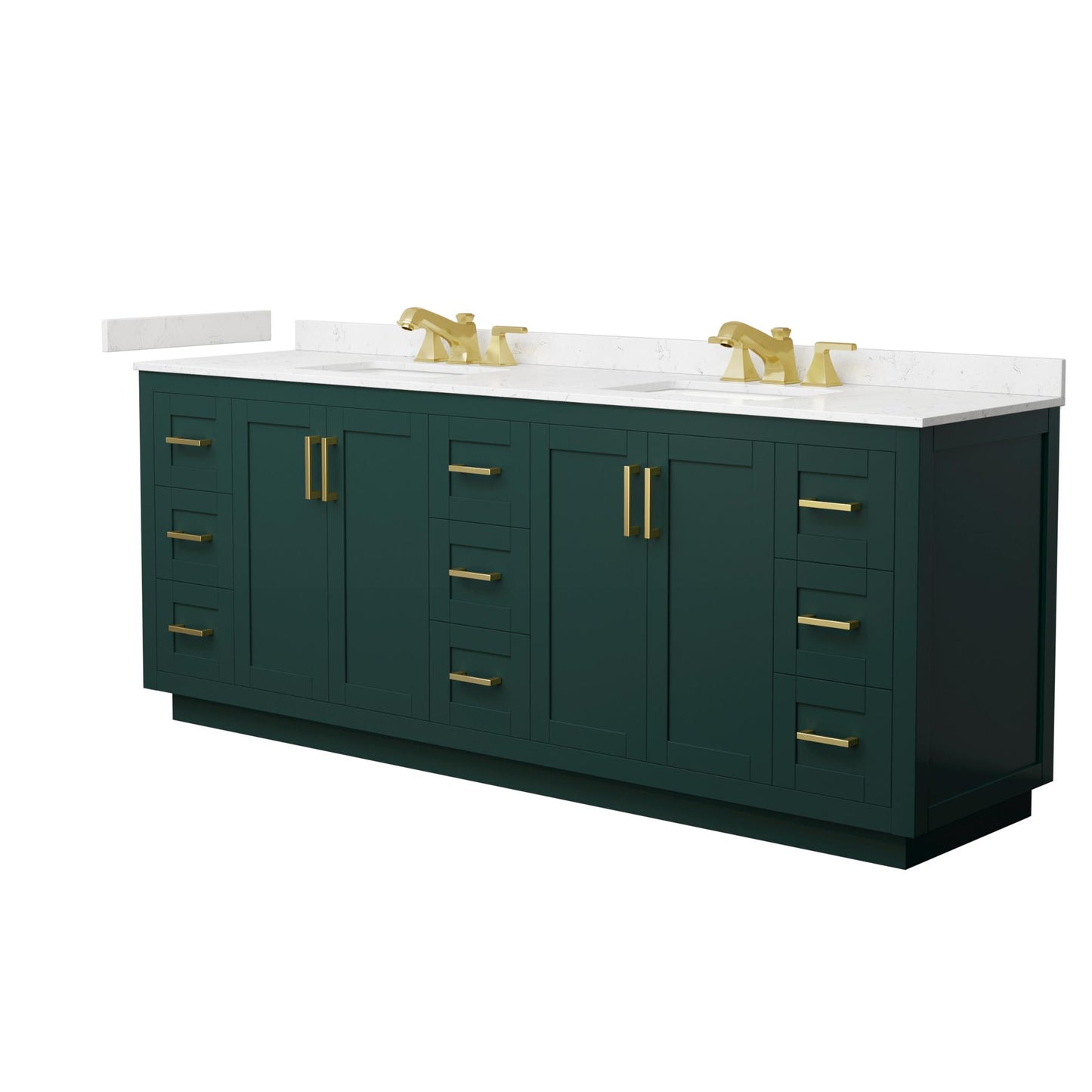 Wyndham Collection Miranda 84" Double Bathroom Vanity in Green, Carrara Cultured Marble Countertop, Undermount Square Sinks (3-Hole), Brushed Gold Trim