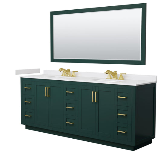 Wyndham Collection Miranda 84" Double Bathroom Vanity in Green, White Cultured Marble Countertop, Undermount Square Sinks (3-Hole), Brushed Gold Trim and 70" Mirror