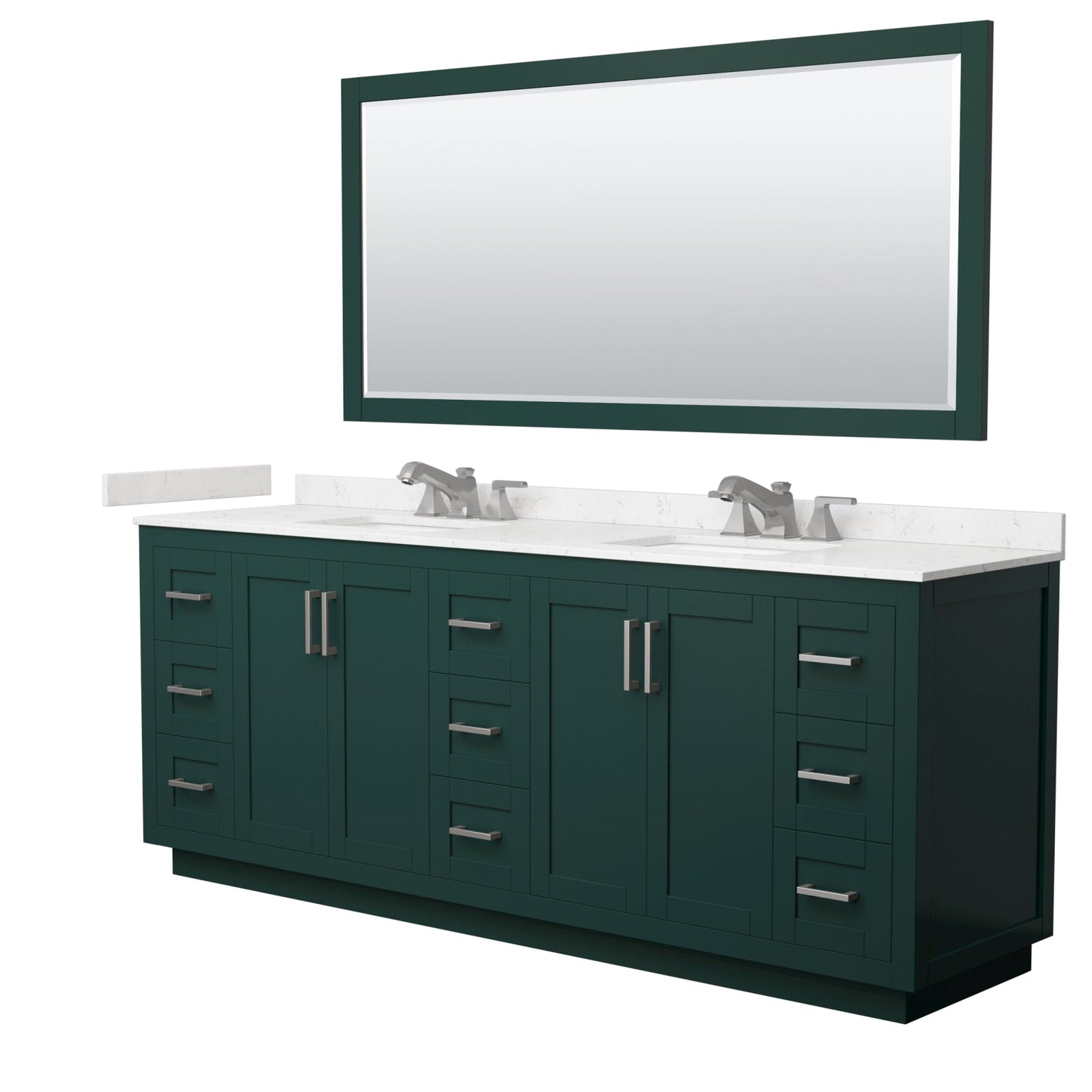 Wyndham Collection Miranda 84" Double Bathroom Vanity in Green, Carrara Cultured Marble Countertop, Undermount Square Sinks (3-Hole), Brushed Nickel Trim and 70" Mirror