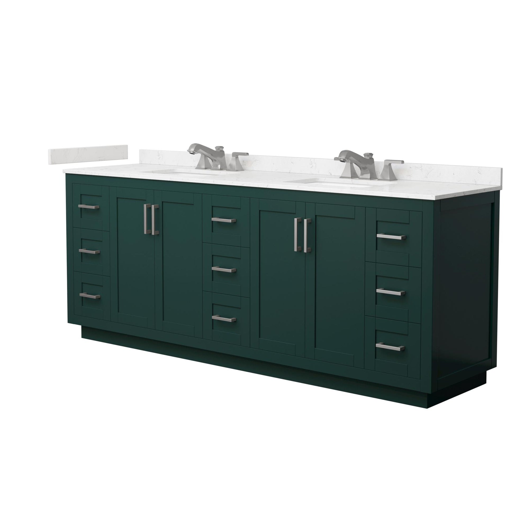 Wyndham Collection Miranda 84" Double Bathroom Vanity in Green, Carrara Cultured Marble Countertop, Undermount Square Sinks (3-Hole), Brushed Nickel Trim