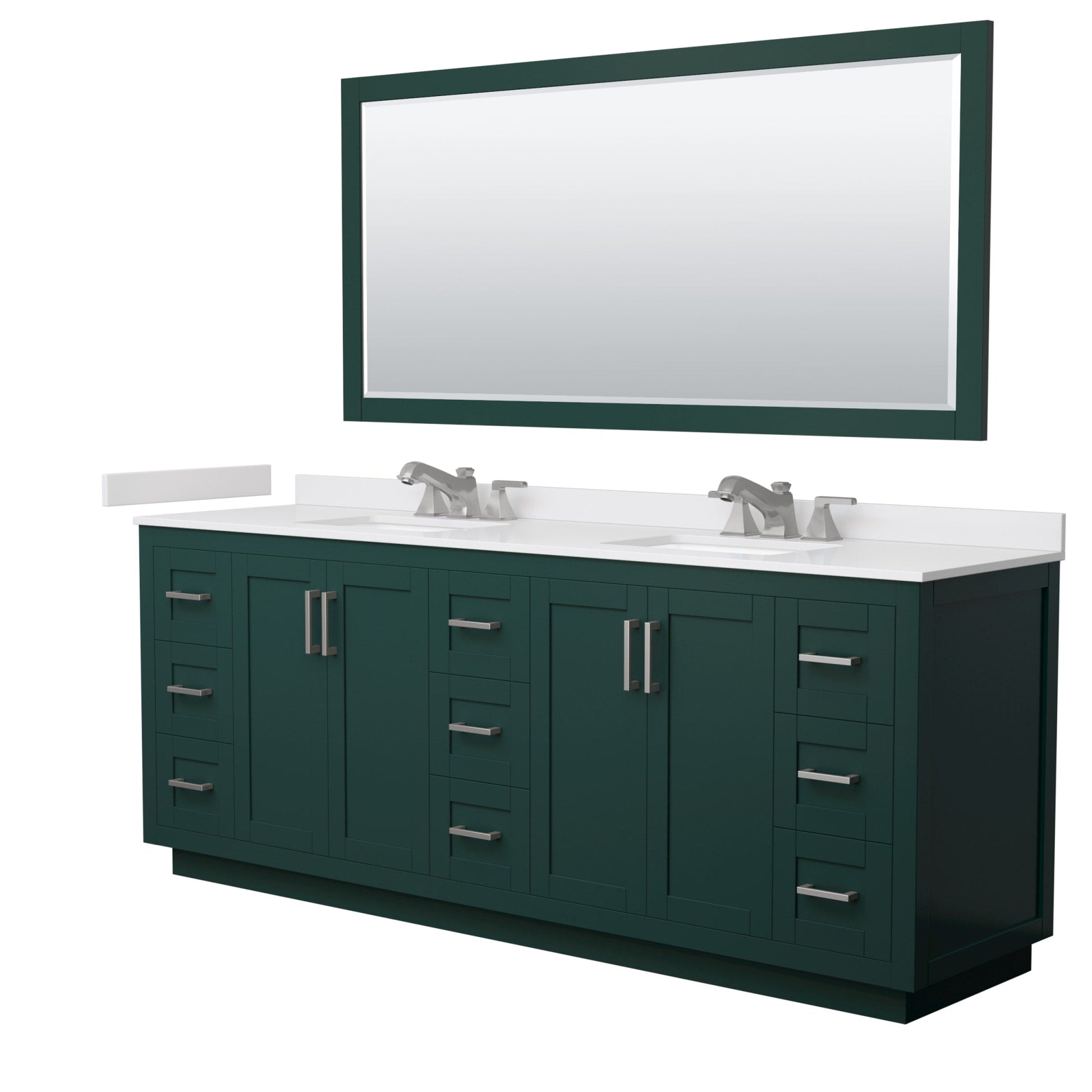 Wyndham Collection Miranda 84" Double Bathroom Vanity in Green, White Cultured Marble Countertop, Undermount Square Sinks (3-Hole), Brushed Nickel Trim and 70" Mirror