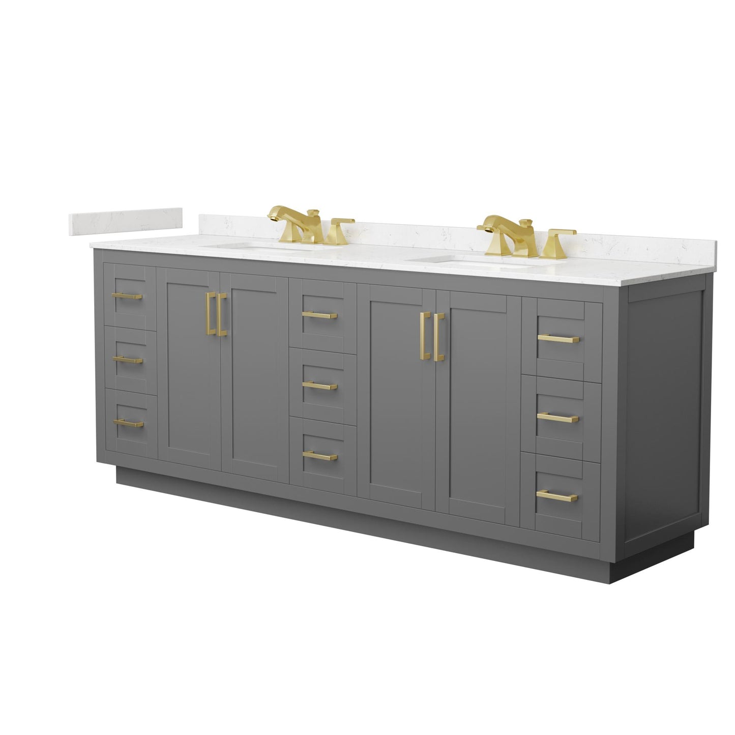 Wyndham Collection Miranda 84" Double Bathroom Vanity in Dark Gray, Carrara Cultured Marble Countertop, Undermount Square Sinks (3-Hole), Brushed Gold Trim