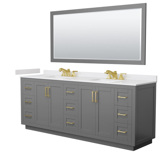 Wyndham Collection Miranda 84" Double Bathroom Vanity in Dark Gray, White Cultured Marble Countertop, Undermount Square Sinks (3-Hole), Brushed Gold Trim and 70" Mirror