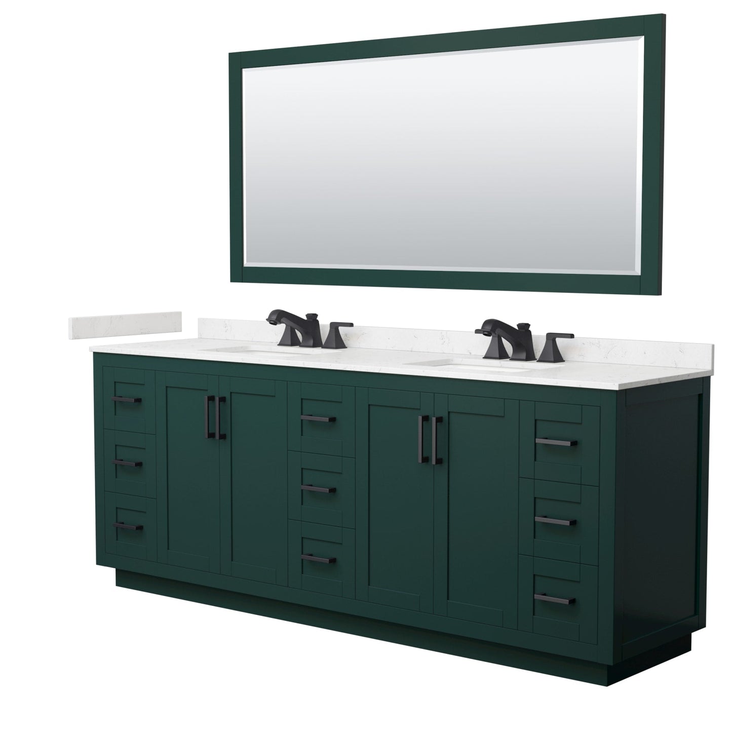 Wyndham Collection Miranda 84" Double Bathroom Vanity in Green, Carrara Cultured Marble Countertop, Undermount Square Sinks (3-Hole), Matte Black Trim and 70" Mirror
