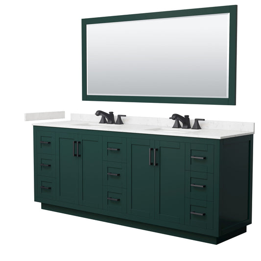 Wyndham Collection Miranda 84" Double Bathroom Vanity in Green, Carrara Cultured Marble Countertop, Undermount Square Sinks (3-Hole), Matte Black Trim and 70" Mirror