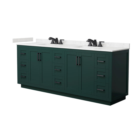 Wyndham Collection Miranda 84" Double Bathroom Vanity in Green, Carrara Cultured Marble Countertop, Undermount Square Sinks (3-Hole), Matte Black Trim
