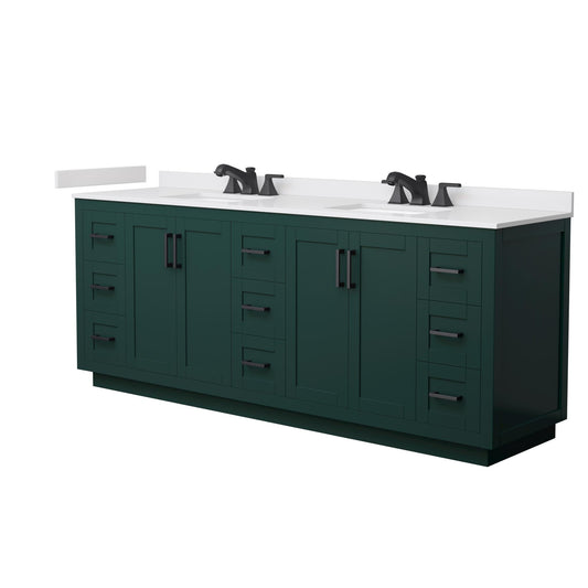 Wyndham Collection Miranda 84" Double Bathroom Vanity in Green, White Cultured Marble Countertop, Undermount Square Sinks (3-Hole), Matte Black Trim