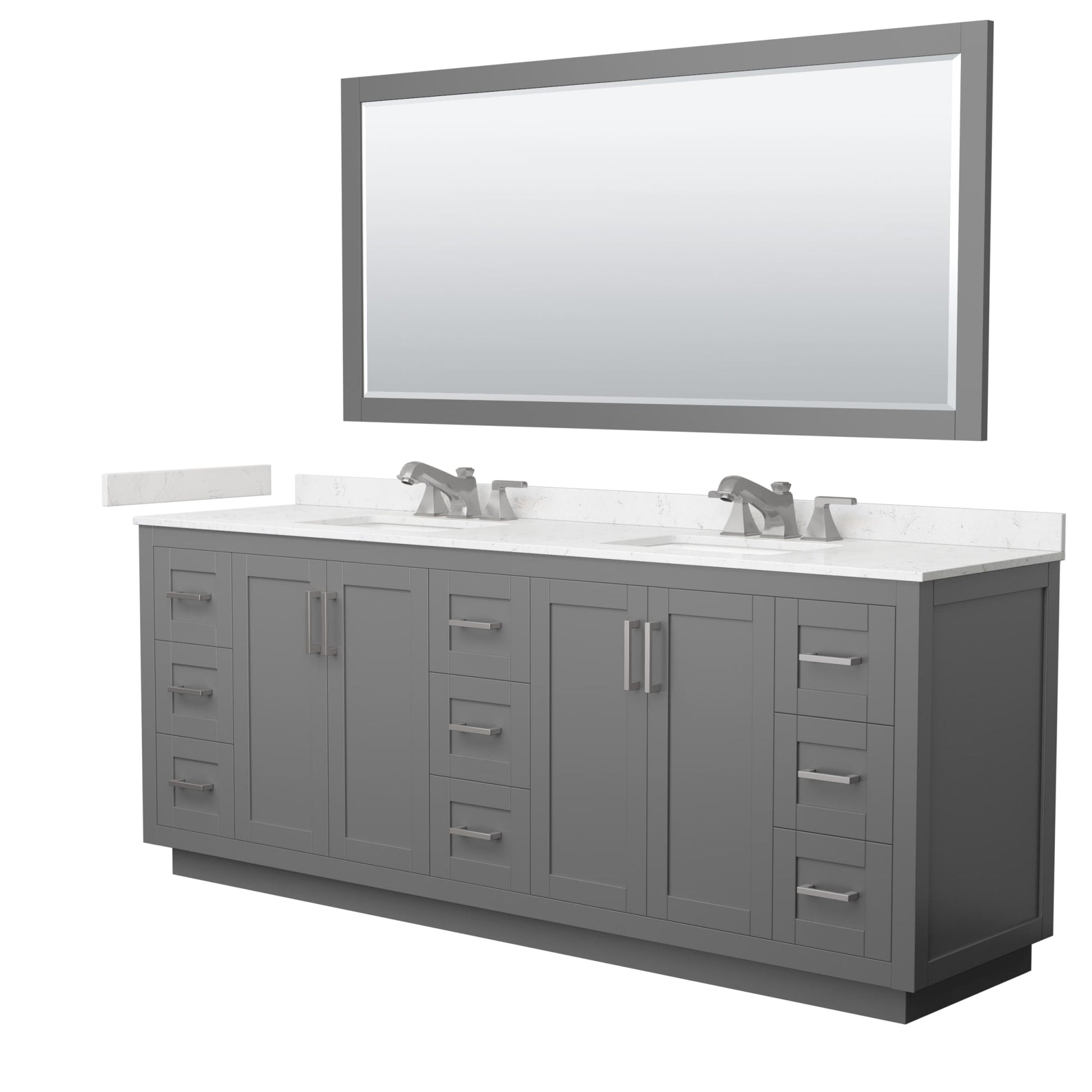 Wyndham Collection Miranda 84" Double Bathroom Vanity in Dark Gray, Carrara Cultured Marble Countertop, Undermount Square Sinks (3-Hole), Brushed Nickel Trim and 70" Mirror
