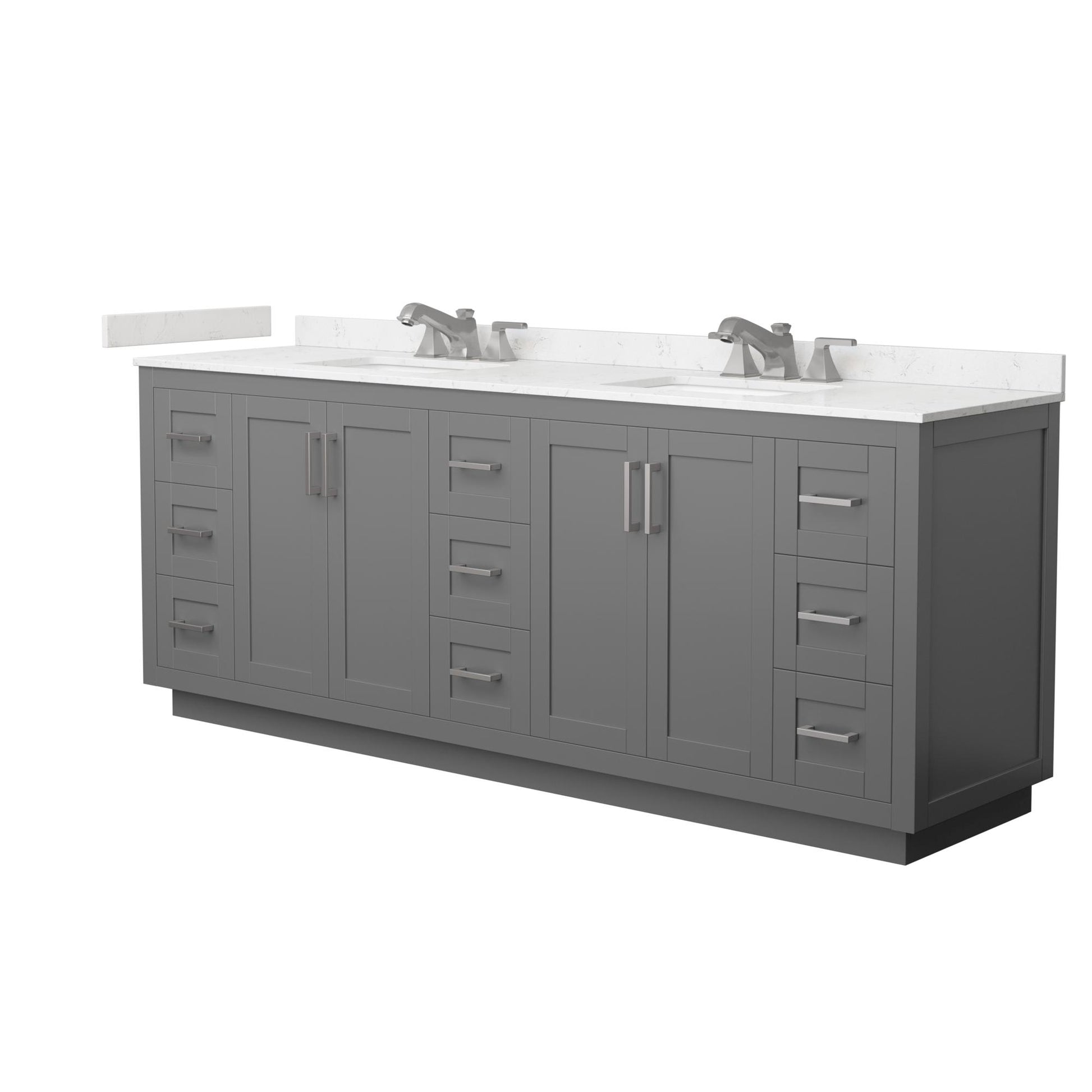 Wyndham Collection Miranda 84" Double Bathroom Vanity in Dark Gray, Carrara Cultured Marble Countertop, Undermount Square Sinks (3-Hole), Brushed Nickel Trim