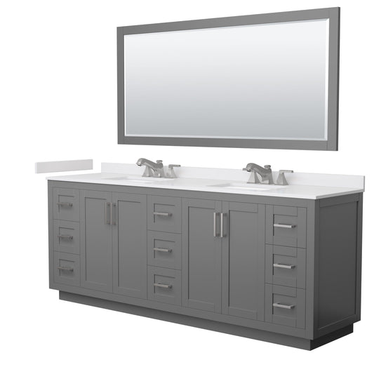 Wyndham Collection Miranda 84" Double Bathroom Vanity in Dark Gray, White Cultured Marble Countertop, Undermount Square Sinks (3-Hole), Brushed Nickel Trim and 70" Mirror