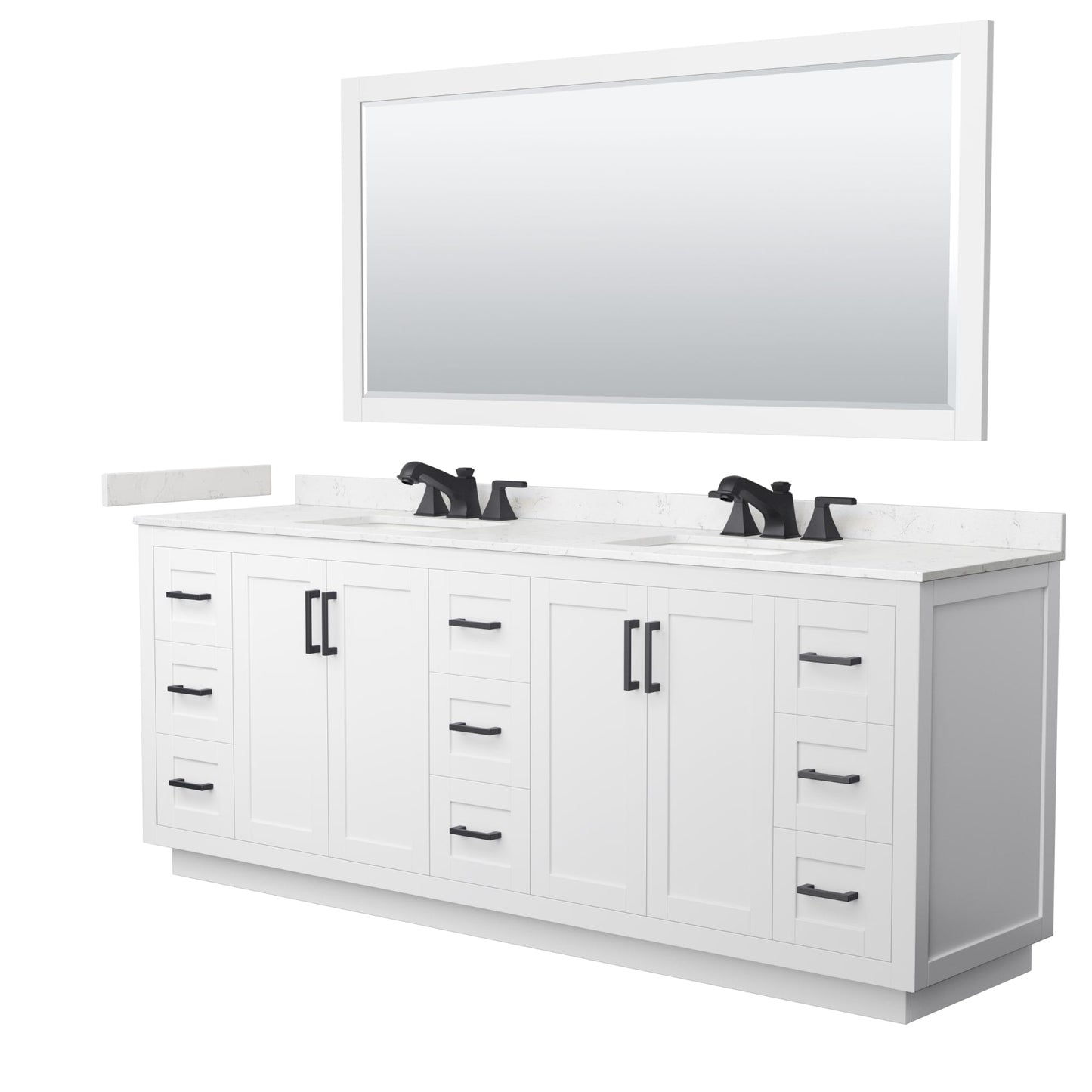 Wyndham Collection Miranda 84" Double Bathroom Vanity in White, Carrara Cultured Marble Countertop, Undermount Square Sinks (3-Hole), Matte Black Trim and 70" Mirror
