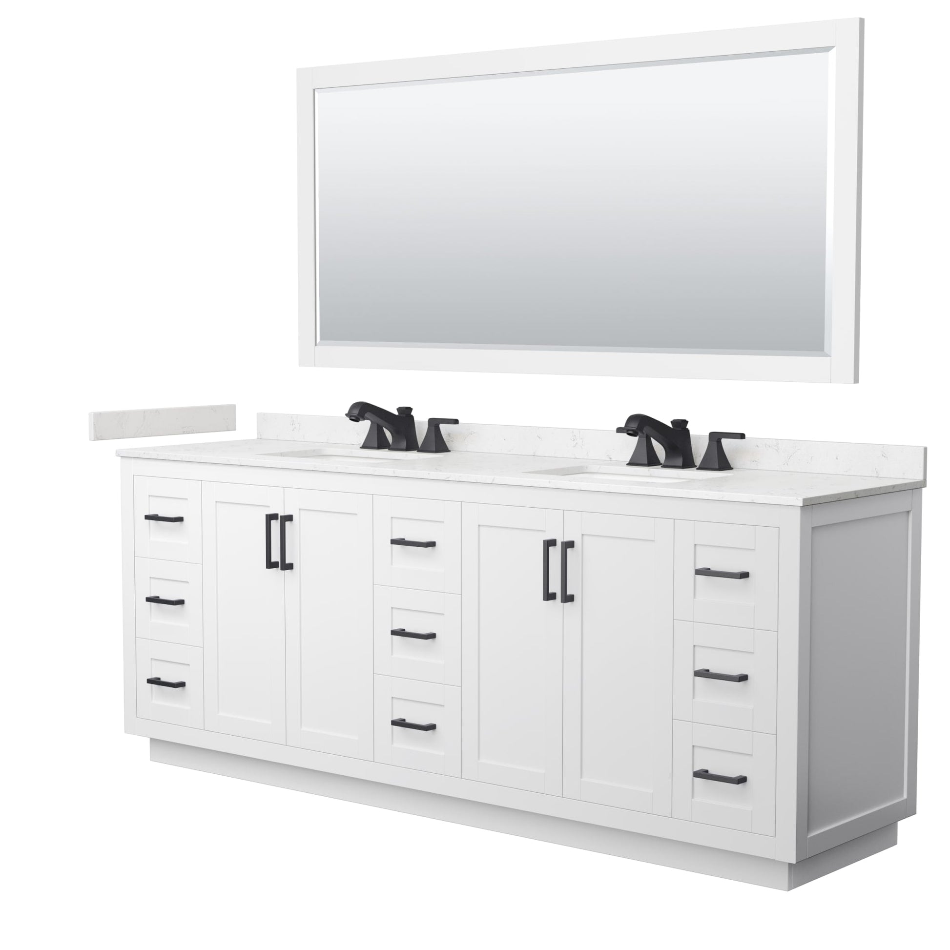Wyndham Collection Miranda 84" Double Bathroom Vanity in White, Carrara Cultured Marble Countertop, Undermount Square Sinks (3-Hole), Matte Black Trim and 70" Mirror
