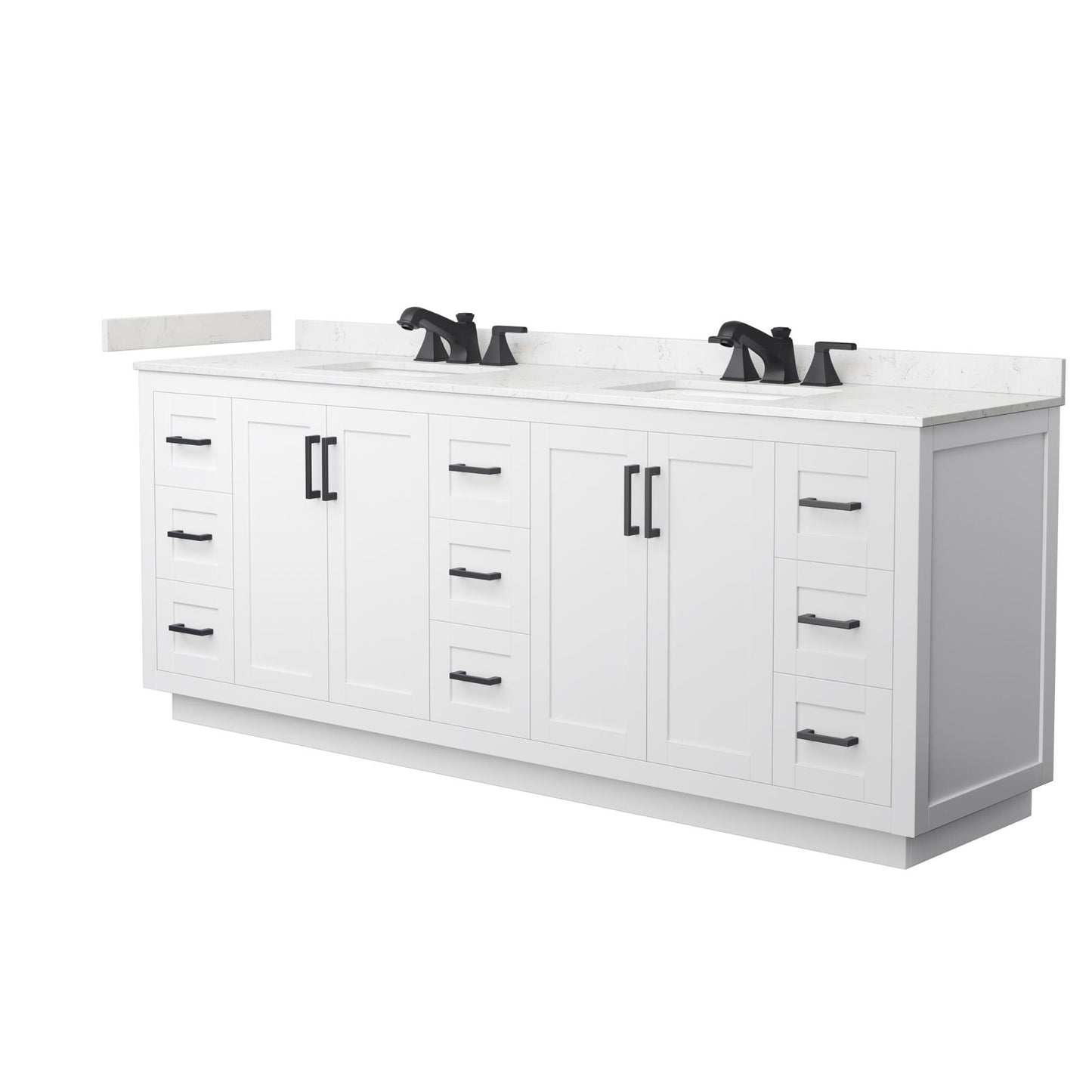 Wyndham Collection Miranda 84" Double Bathroom Vanity in White, Carrara Cultured Marble Countertop, Undermount Square Sinks (3-Hole), Matte Black Trim