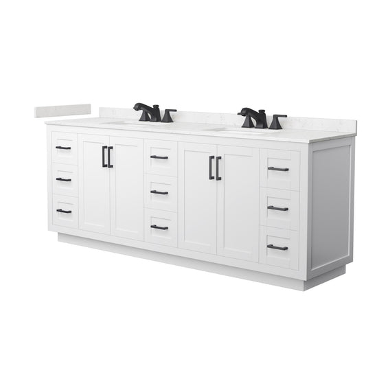 Wyndham Collection Miranda 84" Double Bathroom Vanity in White, Carrara Cultured Marble Countertop, Undermount Square Sinks (3-Hole), Matte Black Trim