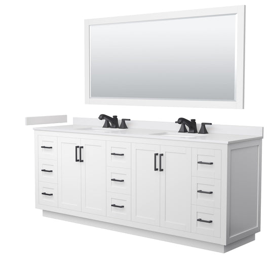 Wyndham Collection Miranda 84" Double Bathroom Vanity in White, White Cultured Marble Countertop, Undermount Square Sinks (3-Hole), Matte Black Trim and 70" Mirror