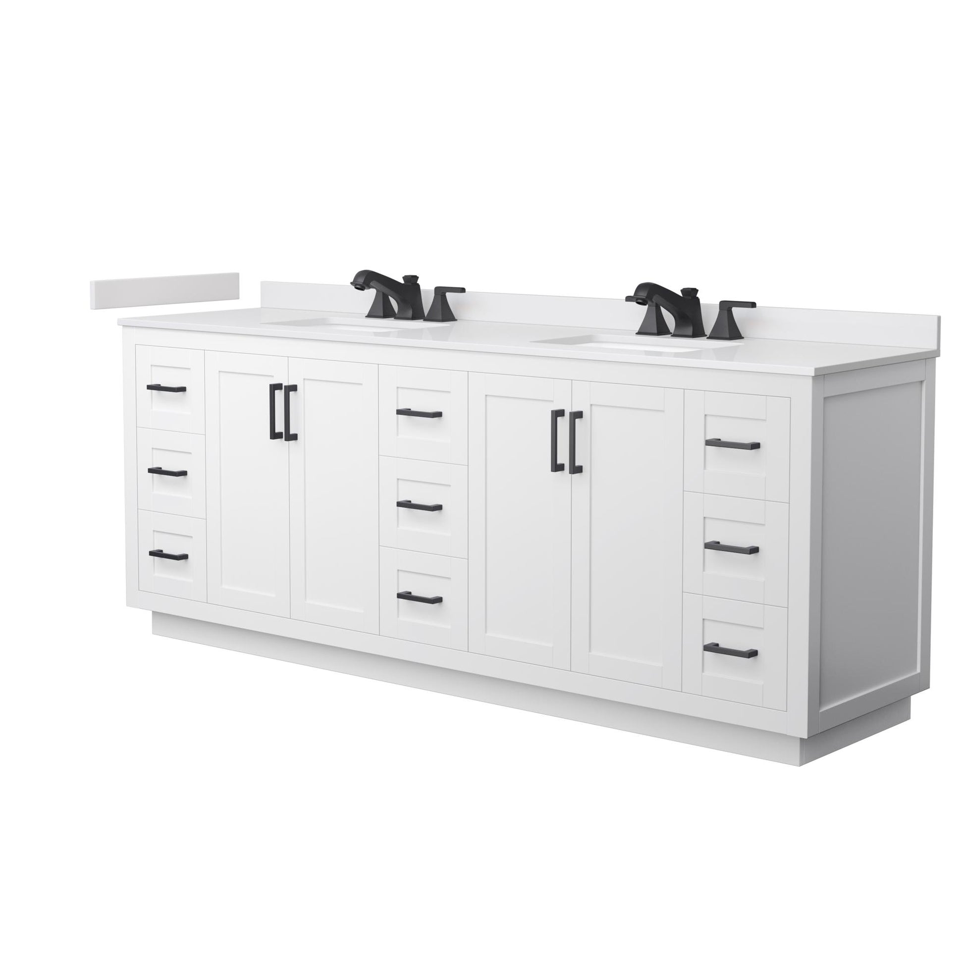 Wyndham Collection Miranda 84" Double Bathroom Vanity in White, White Cultured Marble Countertop, Undermount Square Sinks (3-Hole), Matte Black Trim