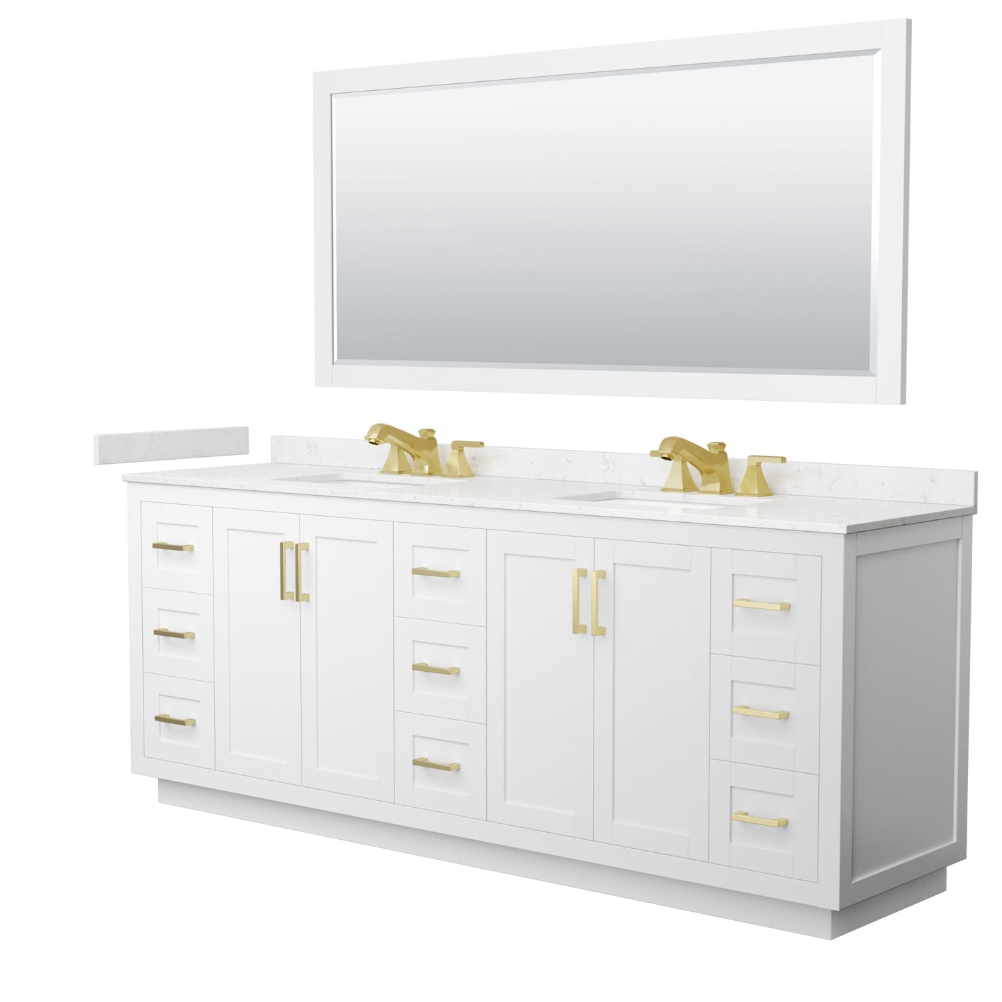 Wyndham Collection Miranda 84" Double Bathroom Vanity in White, Carrara Cultured Marble Countertop, Undermount Square Sinks (3-Hole), Brushed Gold Trim and 70" Mirror
