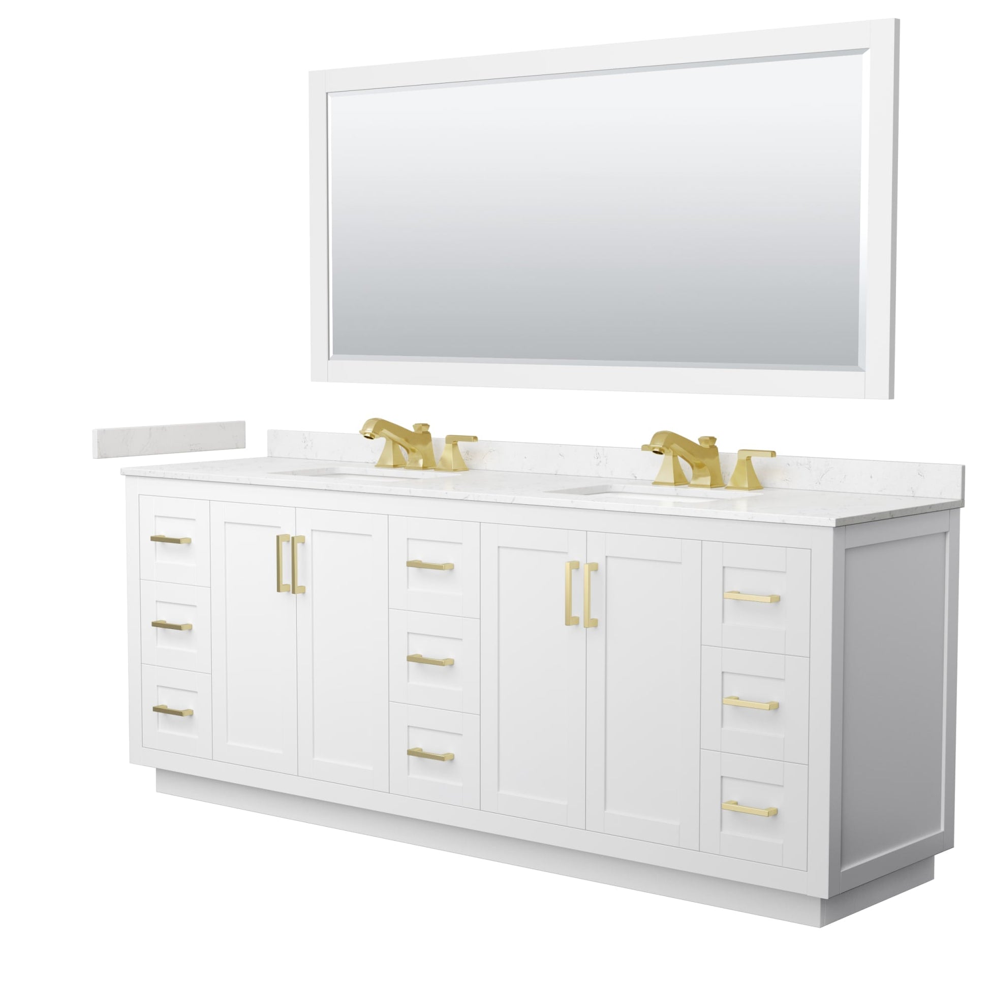 Wyndham Collection Miranda 84" Double Bathroom Vanity in White, Carrara Cultured Marble Countertop, Undermount Square Sinks (3-Hole), Brushed Gold Trim and 70" Mirror