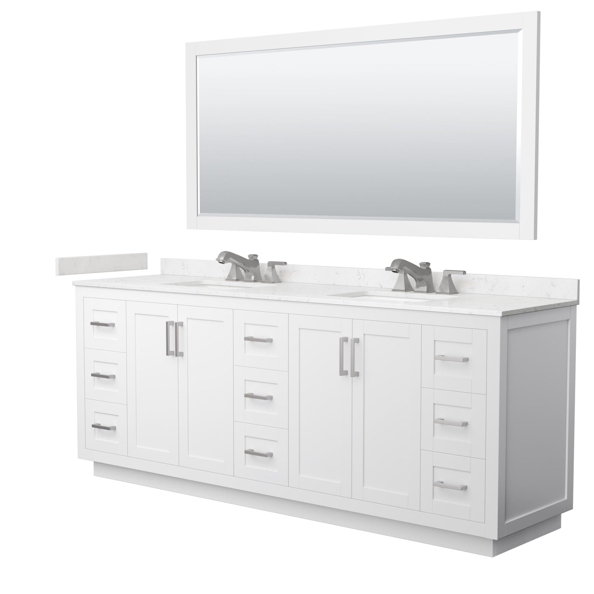 Wyndham Collection Miranda 84" Double Bathroom Vanity in White, Carrara Cultured Marble Countertop, Undermount Square Sinks (3-Hole), Brushed Nickel Trim and 70" Mirror
