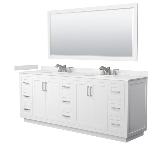 Wyndham Collection Miranda 84" Double Bathroom Vanity in White, Carrara Cultured Marble Countertop, Undermount Square Sinks (3-Hole), Brushed Nickel Trim and 70" Mirror