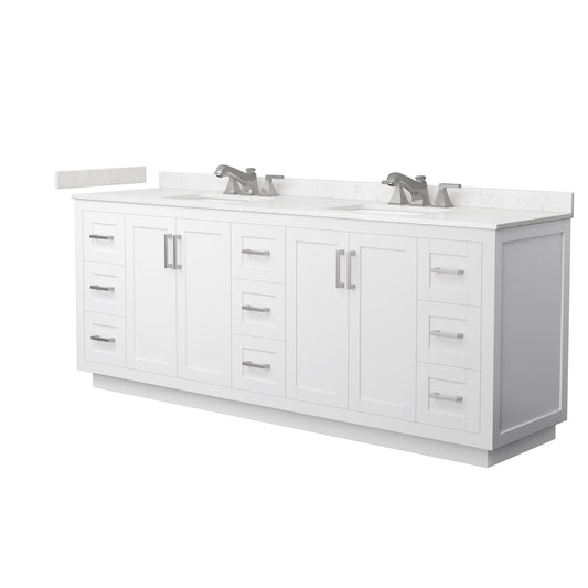 Wyndham Collection Miranda 84" Double Bathroom Vanity in White, Carrara Cultured Marble Countertop, Undermount Square Sinks (3-Hole), Brushed Nickel Trim