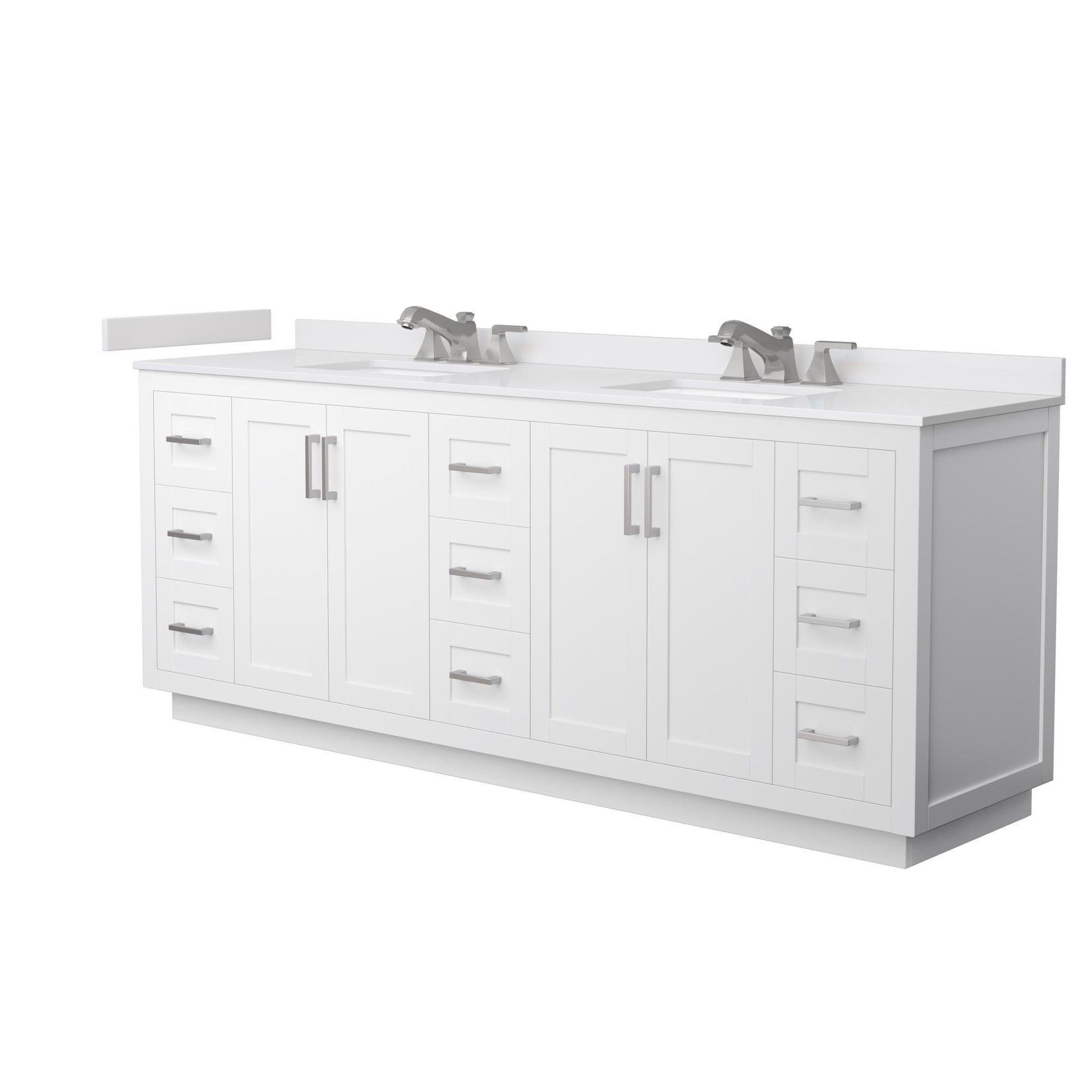 Wyndham Collection Miranda 84" Double Bathroom Vanity in White, White Cultured Marble Countertop, Undermount Square Sinks (3-Hole), Brushed Nickel Trim