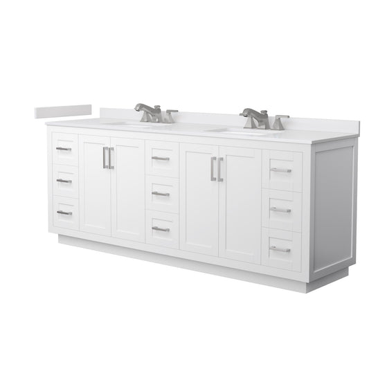 Wyndham Collection Miranda 84" Double Bathroom Vanity in White, White Cultured Marble Countertop, Undermount Square Sinks (3-Hole), Brushed Nickel Trim