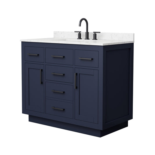 Wyndham Collection Beckett TK 42" Single Bathroom Vanity With Toe Kick in Dark Blue, Carrara Cultured Marble Countertop, Undermount Square Sink (3-Hole), Matte Black Trim