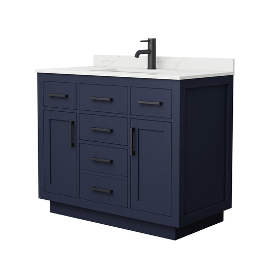 Wyndham Collection Beckett TK 42" Single Bathroom Vanity With Toe Kick in Dark Blue, Giotto Quartz Countertop, Undermount Square Sink (1-Hole), Matte Black Trim