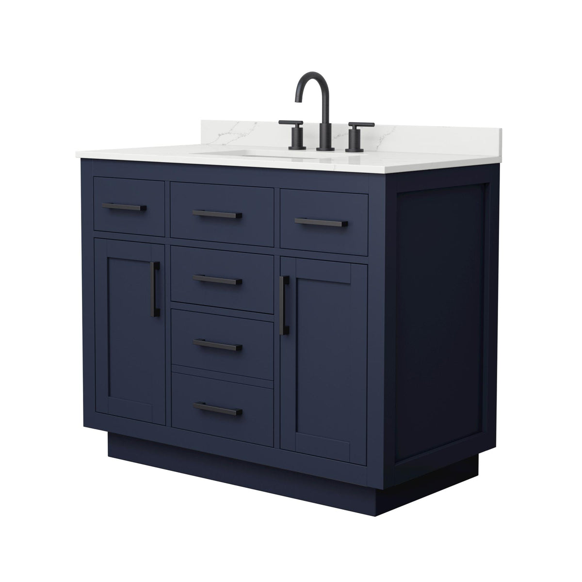 Wyndham Collection Beckett TK 42" Single Bathroom Vanity With Toe Kick in Dark Blue, Giotto Quartz Countertop, Undermount Square Sink (3-Hole), Matte Black Trim