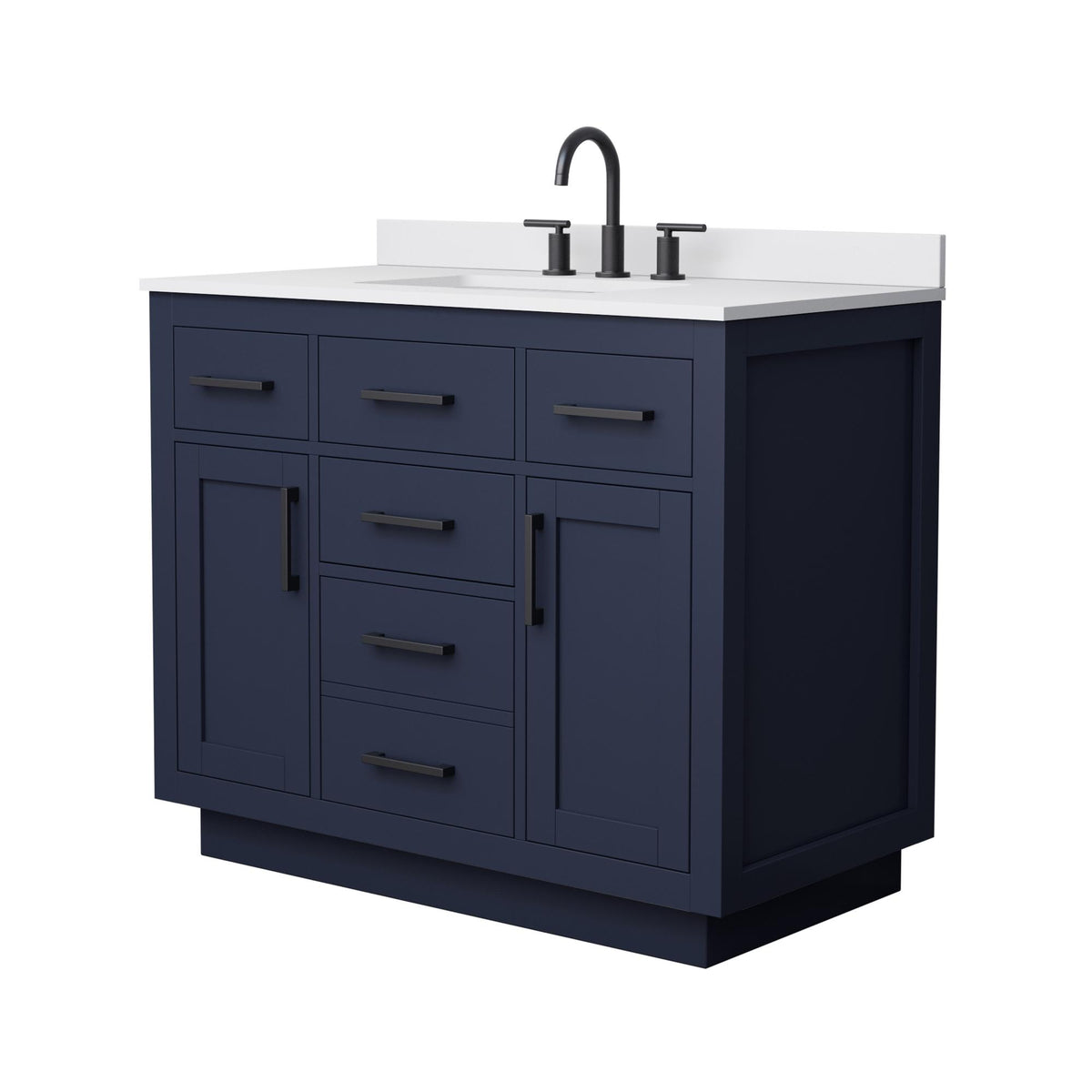 Wyndham Collection Beckett TK 42" Single Bathroom Vanity With Toe Kick in Dark Blue, White Cultured Marble Countertop, Undermount Square Sink (3-Hole), Matte Black Trim