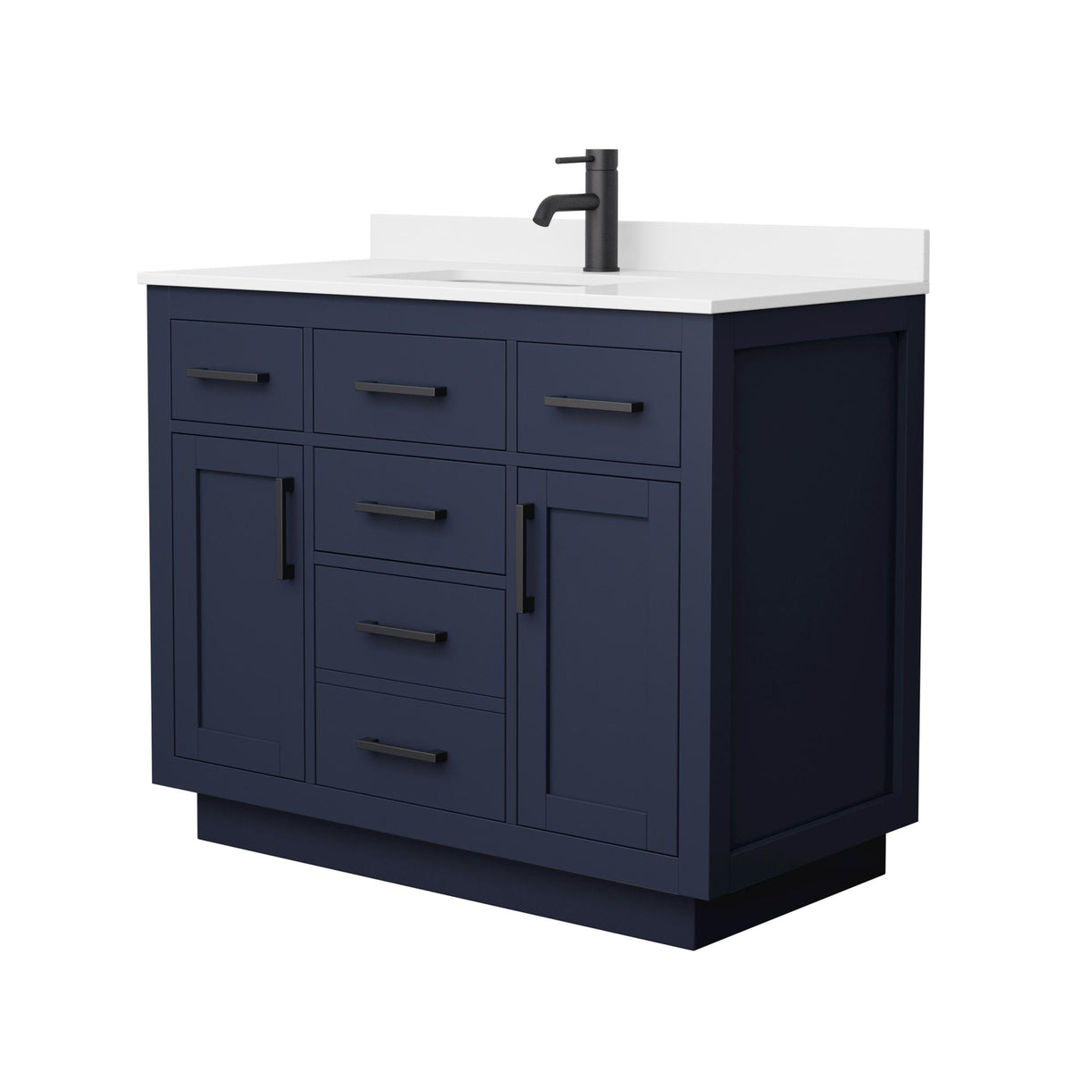 Wyndham Collection Beckett TK 42" Single Bathroom Vanity With Toe Kick in Dark Blue, White Quartz Countertop, Undermount Square Sink (1-Hole), Matte Black Trim