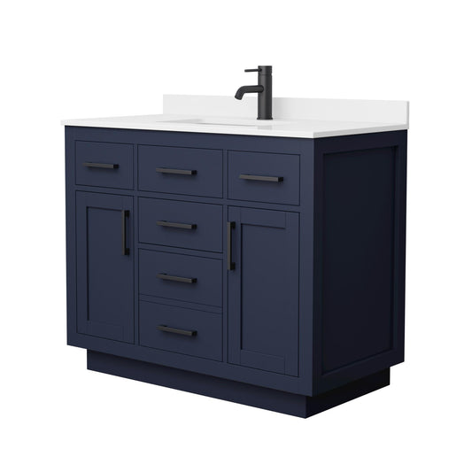 Wyndham Collection Beckett TK 42" Single Bathroom Vanity With Toe Kick in Dark Blue, White Quartz Countertop, Undermount Square Sink (1-Hole), Matte Black Trim