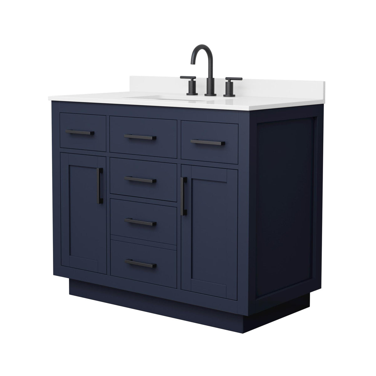 Wyndham Collection Beckett TK 42" Single Bathroom Vanity With Toe Kick in Dark Blue, White Quartz Countertop, Undermount Square Sink (3-Hole), Matte Black Trim
