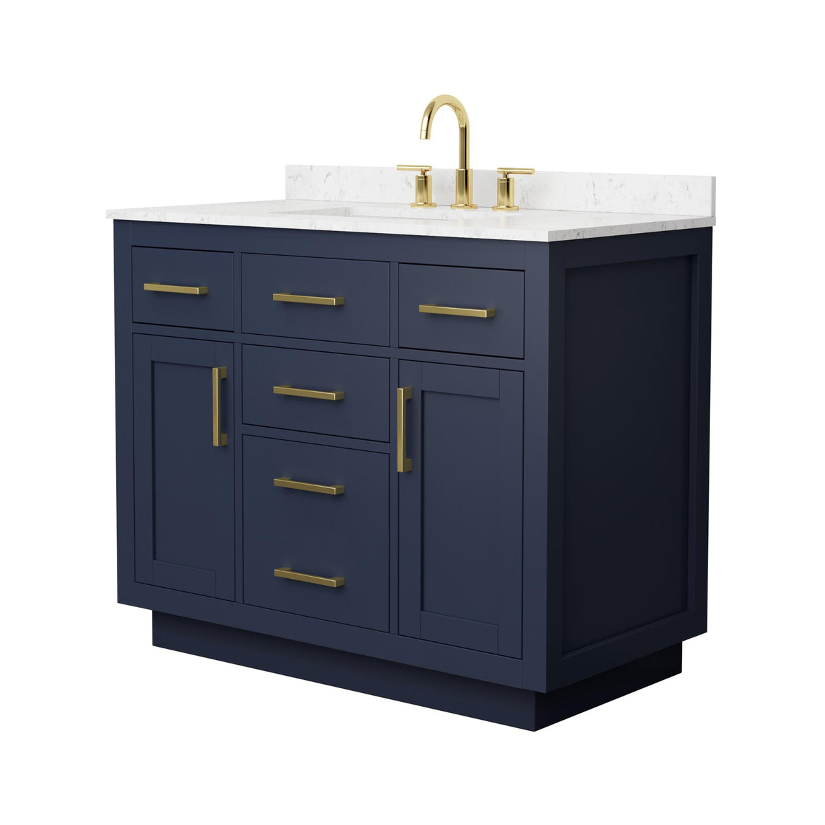 Wyndham Collection Beckett TK 42" Single Bathroom Vanity With Toe Kick in Dark Blue, Carrara Cultured Marble Countertop, Undermount Square Sink (3-Hole), Brushed Gold Trim