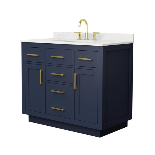 Wyndham Collection Beckett TK 42" Single Bathroom Vanity With Toe Kick in Dark Blue, Giotto Quartz Countertop, Undermount Square Sink (3-Hole), Brushed Gold Trim
